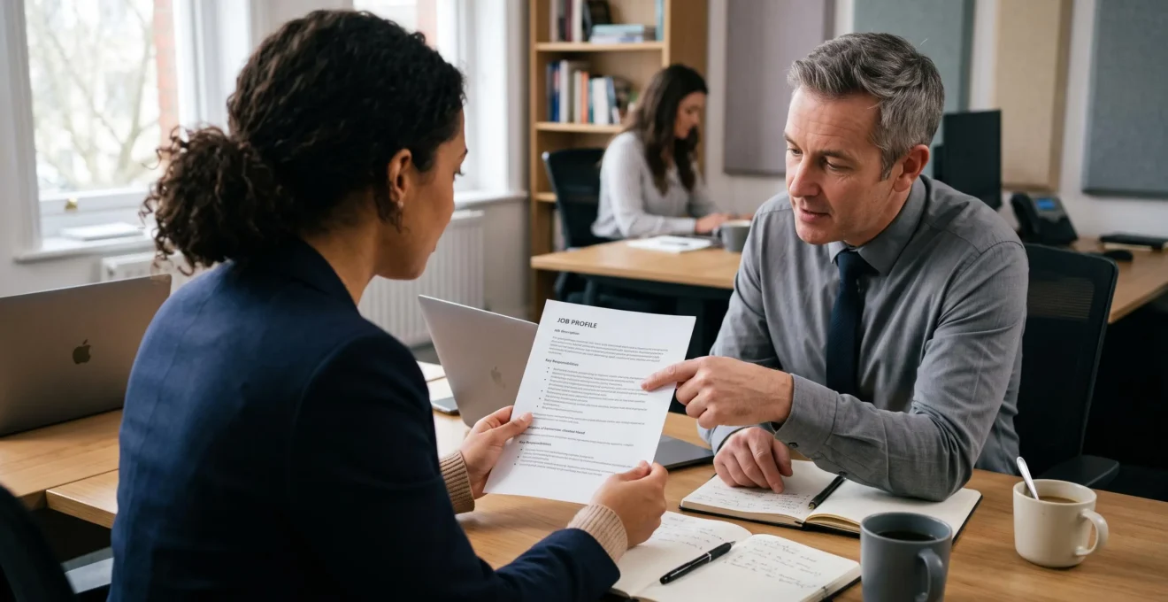 Un candidat examine une fiche de poste avec une consultante autour d'une table.