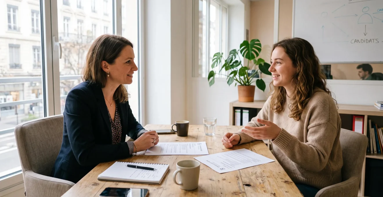 Une consultante en recrutement échange avec un candidat dans un bureau lumineux.