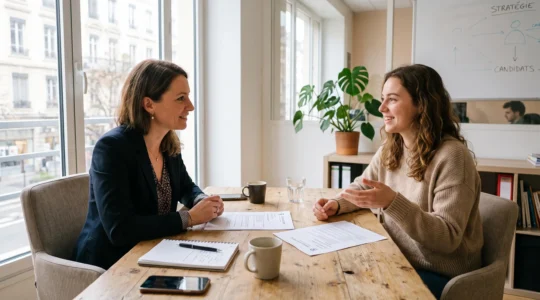 Une consultante en recrutement échange avec un candidat dans un bureau lumineux.