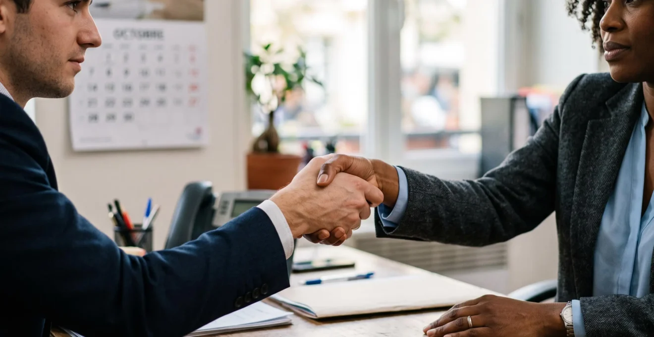 Poignée de main entre un candidat et une recruteuse au-dessus d'un bureau.